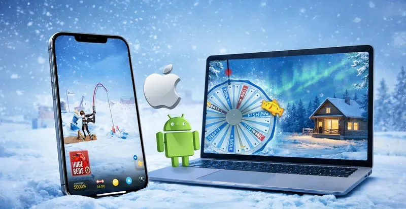 Le jeu Ice Fishing sur un smartphone et un ordinateur portable dans un décor enneigé