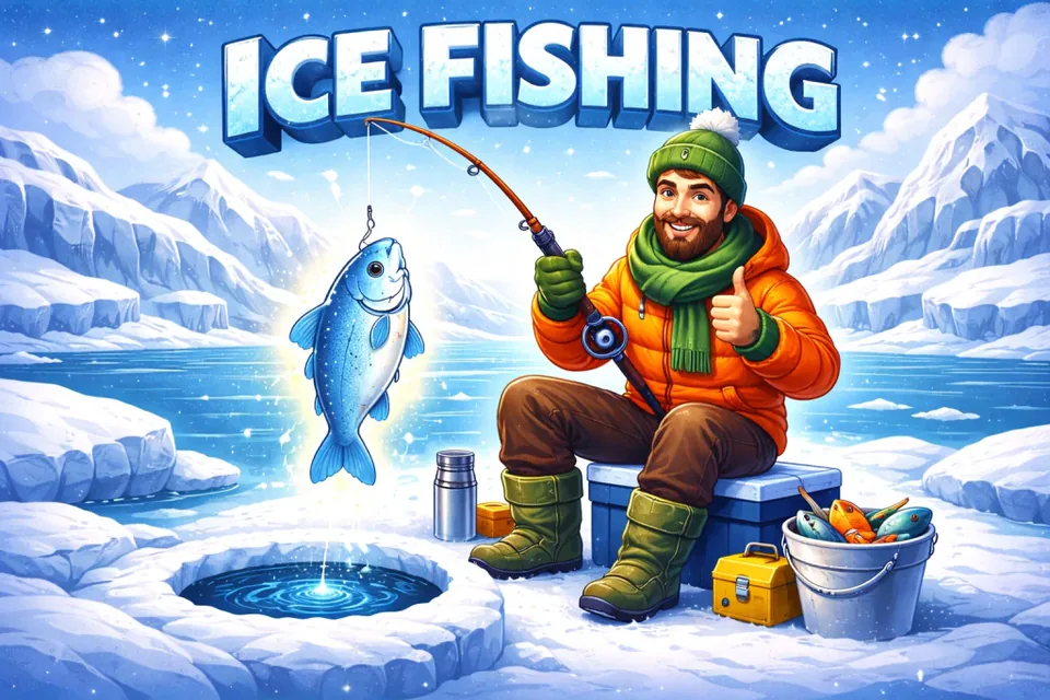Pêcheur sur glace en dessin animé avec un poisson lumineux — Ice Fishing en jeu gratuit