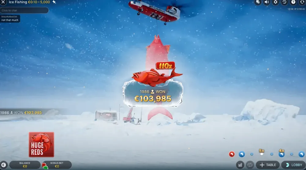 Résultat Huge Reds d'Ice Fishing Live avec un gros gain multiplié