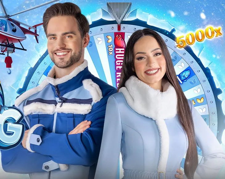 Les présentateurs d'Ice Fishing Live devant la roue à 53 segments